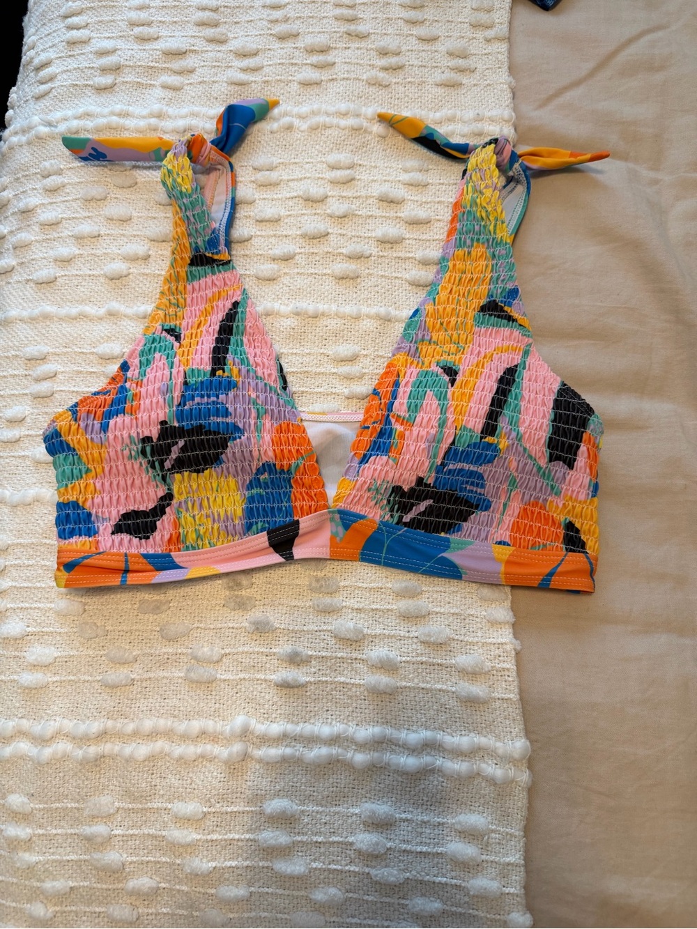 Smocked Tie-Shoulder Bikini Top -Multicolor Abstract Floral Print - M - like new